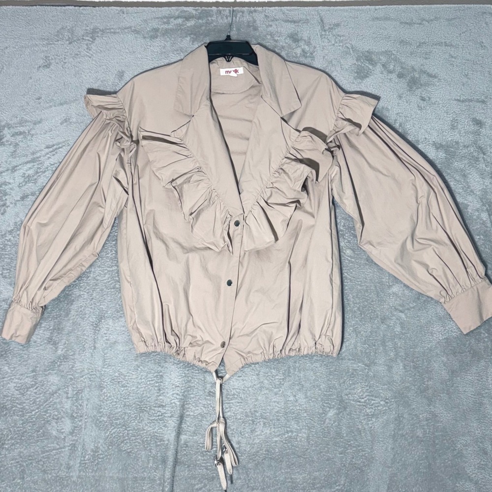 Mazik Taupe Ruffled Snap Front Jacket Boho Lightweight Size L Drawstring Hem